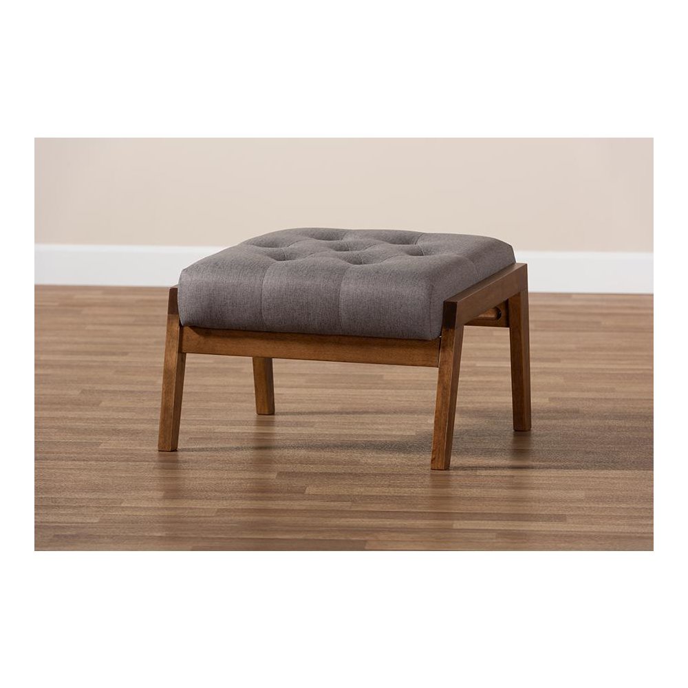 Naeva Mid-Century Modern Grey Fabric Upholstered Walnut Finished Wood Footstool. Picture 8
