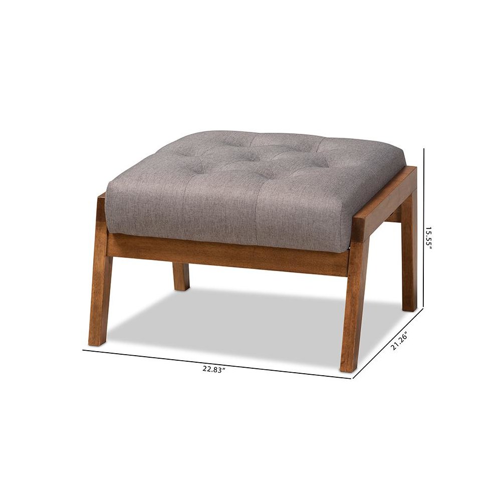 Naeva Mid-Century Modern Grey Fabric Upholstered Walnut Finished Wood Footstool. Picture 9