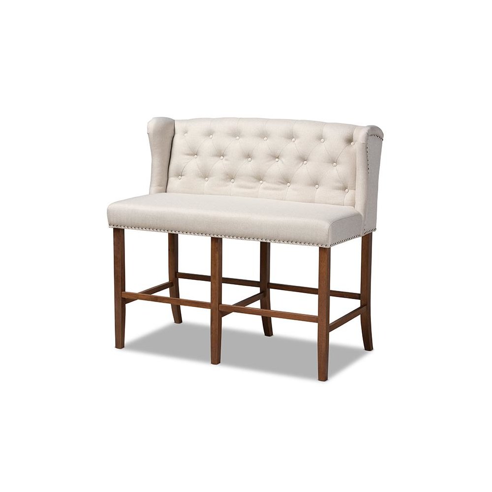 Beige Fabric Upholstered Walnut Finished Wood Button Tufted Bar Stool Bench. Picture 1