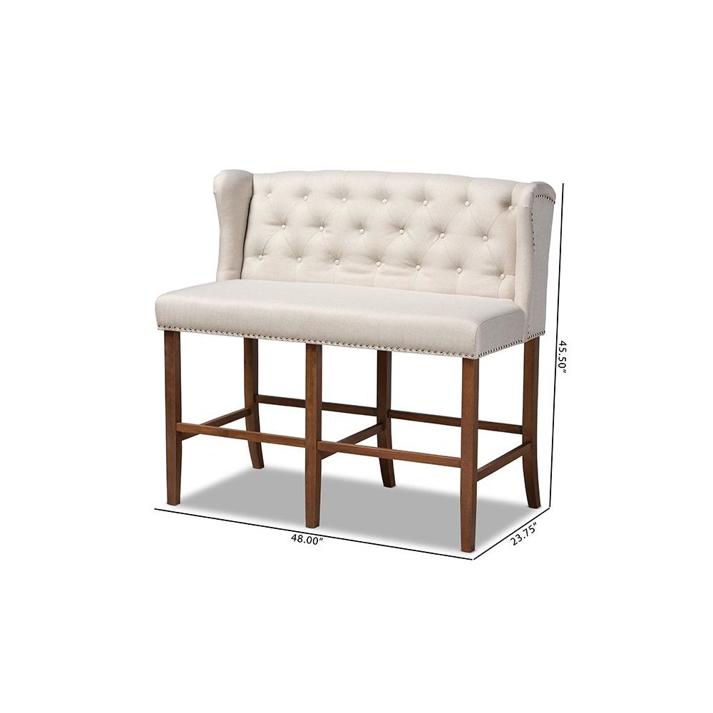 Beige Fabric Upholstered Walnut Finished Wood Button Tufted Bar Stool Bench. Picture 10