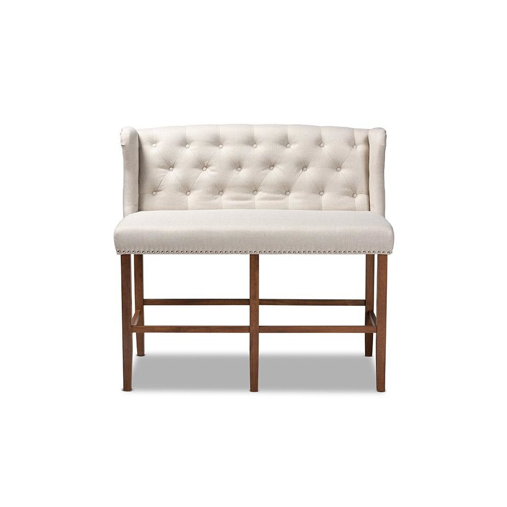 Beige Fabric Upholstered Walnut Finished Wood Button Tufted Bar Stool Bench. Picture 2