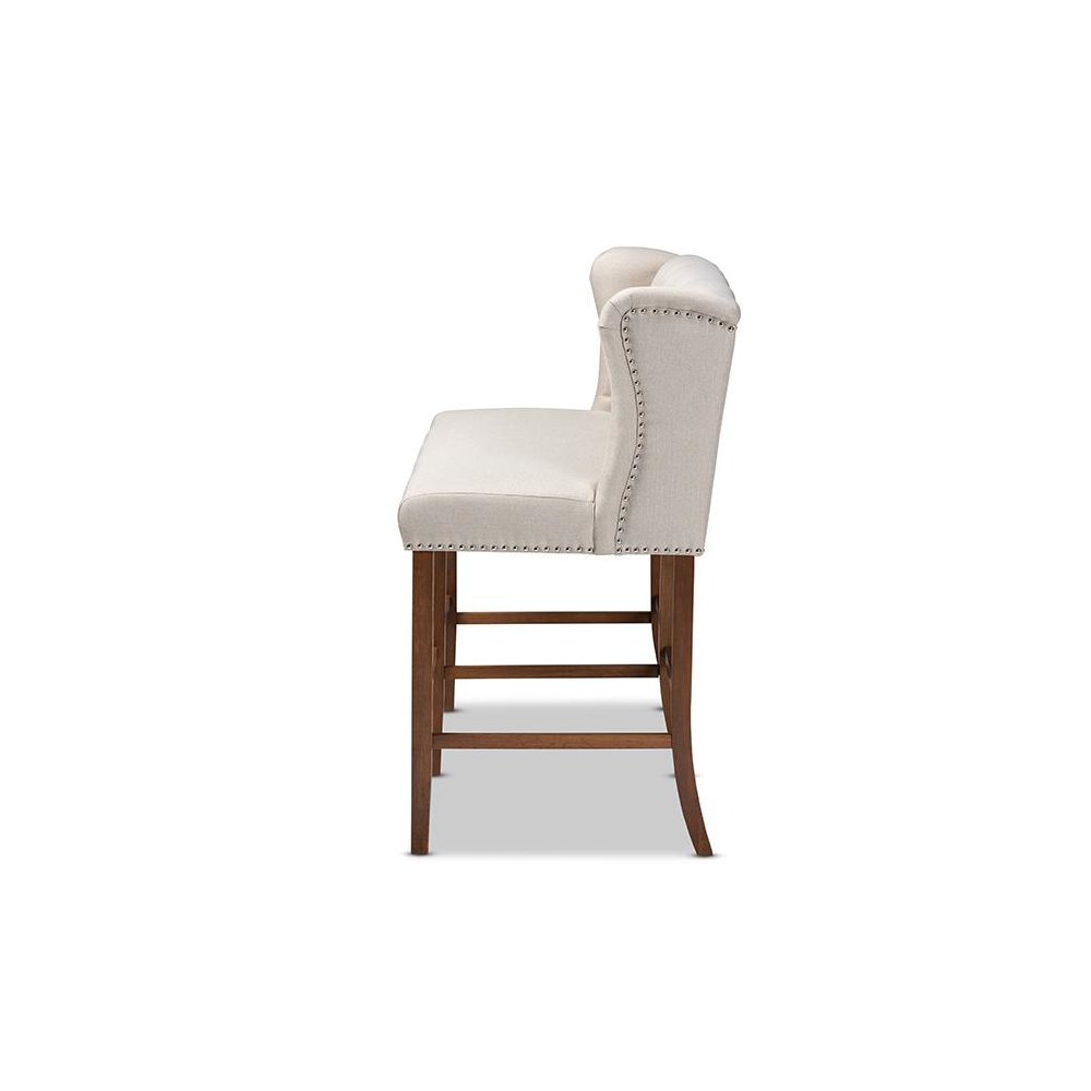 Beige Fabric Upholstered Walnut Finished Wood Button Tufted Bar Stool Bench. Picture 3