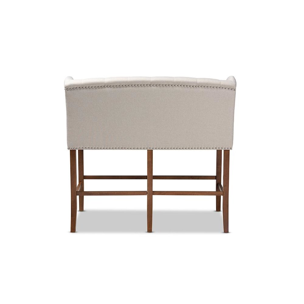 Beige Fabric Upholstered Walnut Finished Wood Button Tufted Bar Stool Bench. Picture 4