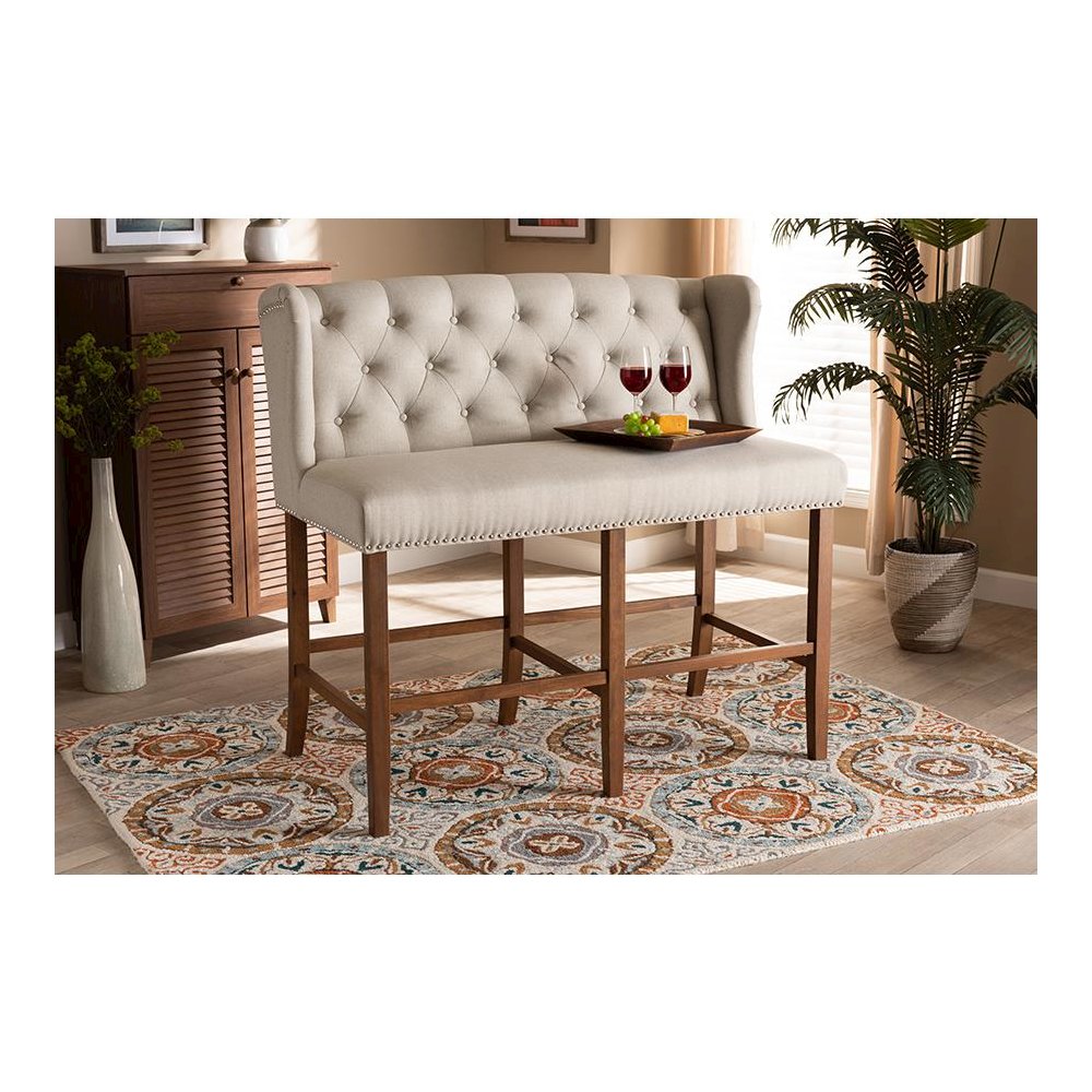 Beige Fabric Upholstered Walnut Finished Wood Button Tufted Bar Stool Bench. Picture 8