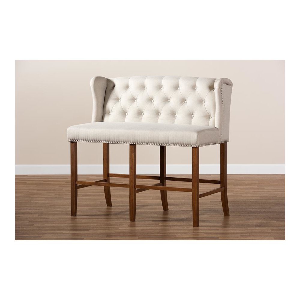 Beige Fabric Upholstered Walnut Finished Wood Button Tufted Bar Stool Bench. Picture 9