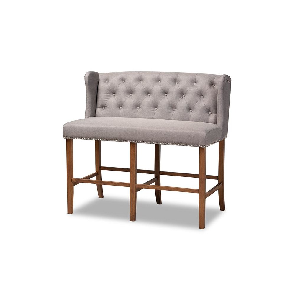 Grey Fabric Upholstered Walnut Finished Wood Button Tufted Bar Stool Bench. Picture 1