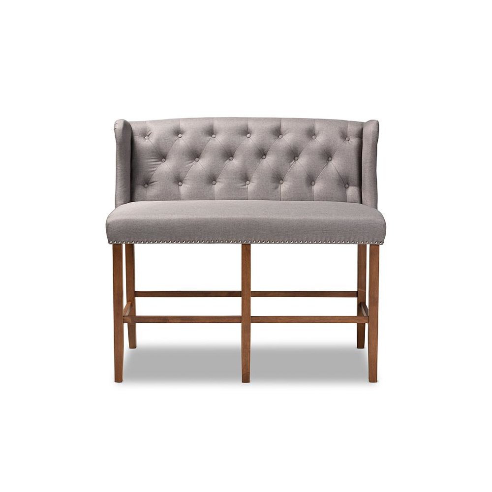 Grey Fabric Upholstered Walnut Finished Wood Button Tufted Bar Stool Bench. Picture 2