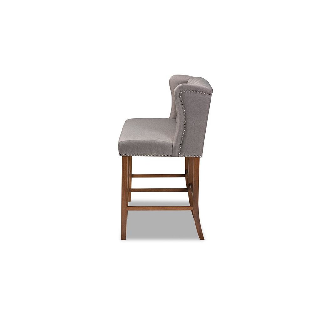 Grey Fabric Upholstered Walnut Finished Wood Button Tufted Bar Stool Bench. Picture 3