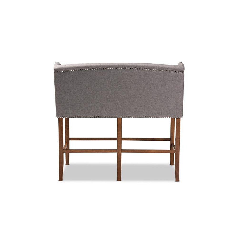 Grey Fabric Upholstered Walnut Finished Wood Button Tufted Bar Stool Bench. Picture 4