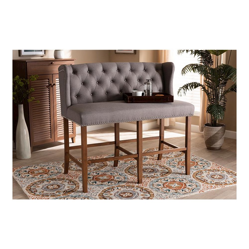Grey Fabric Upholstered Walnut Finished Wood Button Tufted Bar Stool Bench. Picture 8