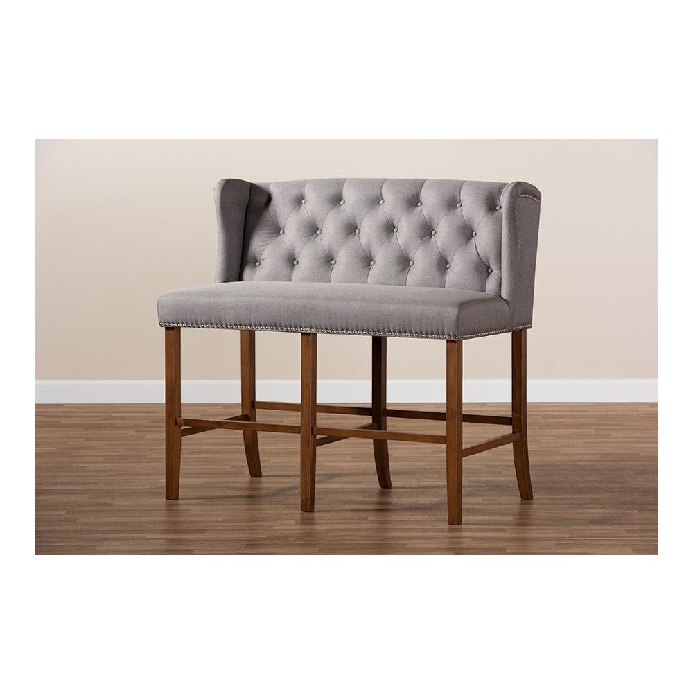 Grey Fabric Upholstered Walnut Finished Wood Button Tufted Bar Stool Bench. Picture 9
