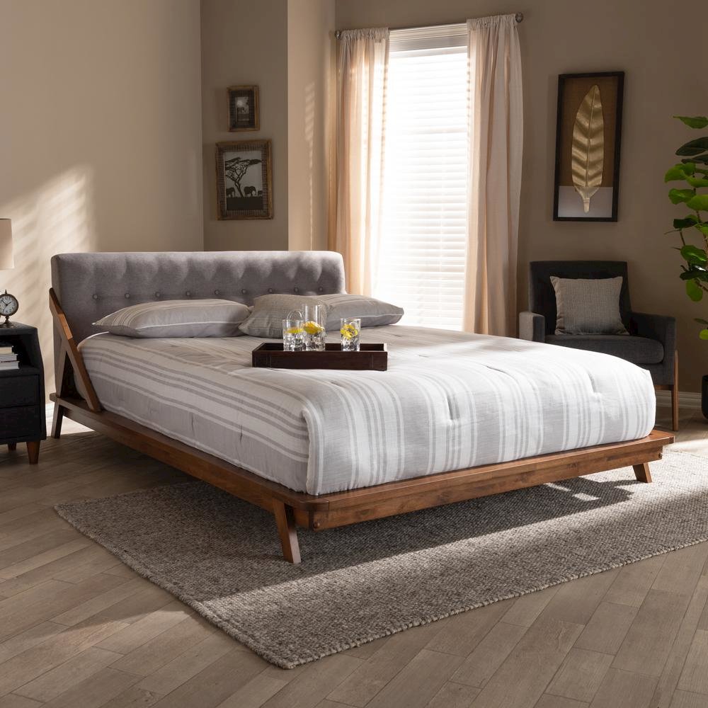 Sante Mid-Century Modern Grey Fabric Upholstered Wood King Size Platform Bed. Picture 11