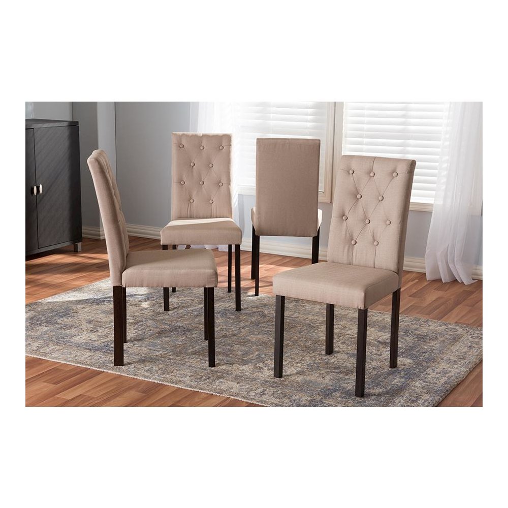 Dark Brown Finished Beige Fabric Upholstered Dining Chair (Set of 4). Picture 4