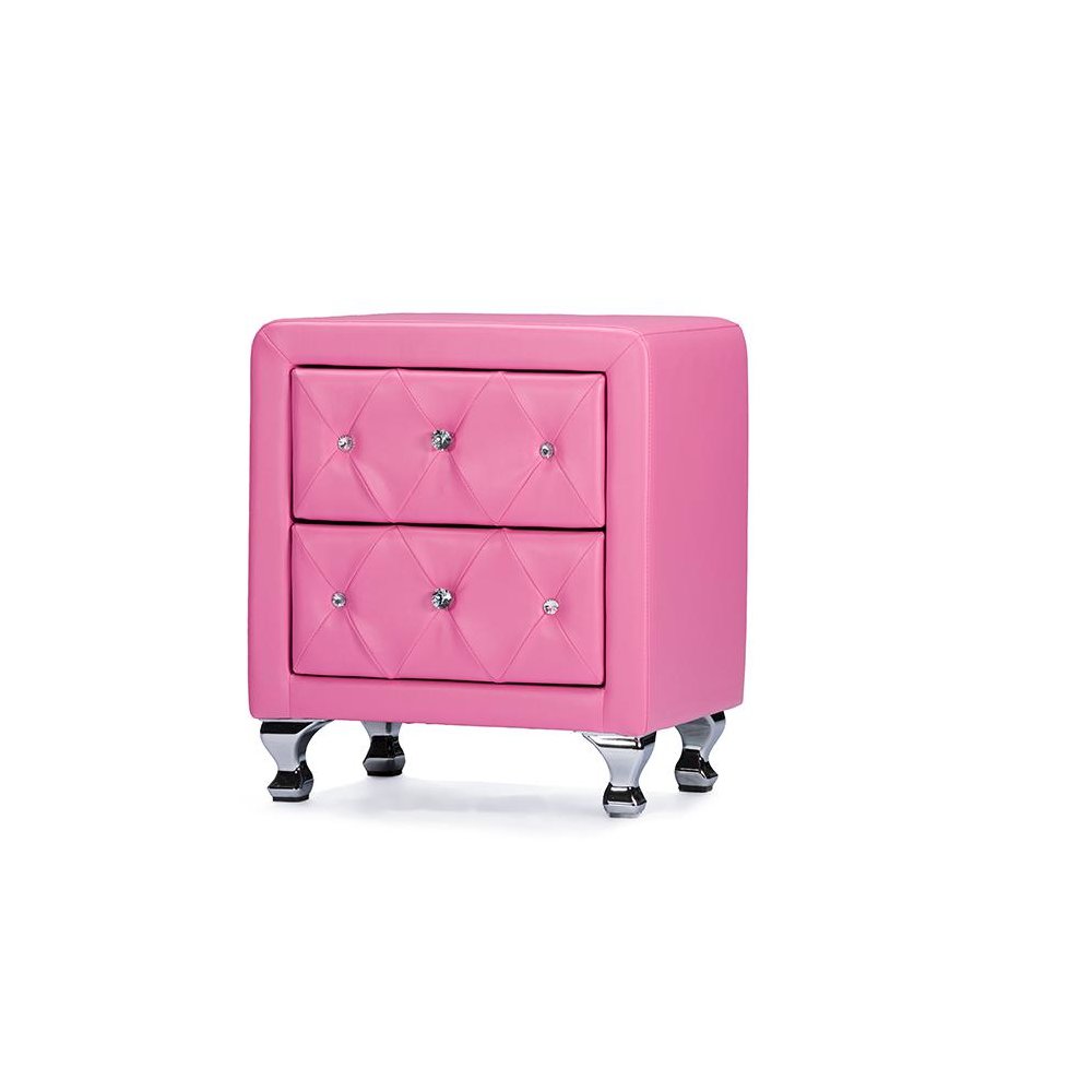 Stella Crystal Tufted Pink Leather Modern Nightstand. Picture 1