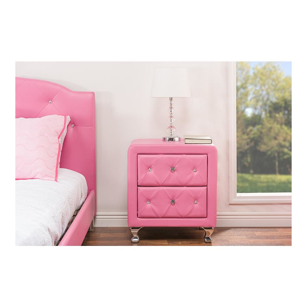 Stella Crystal Tufted Pink Leather Modern Nightstand. Picture 4
