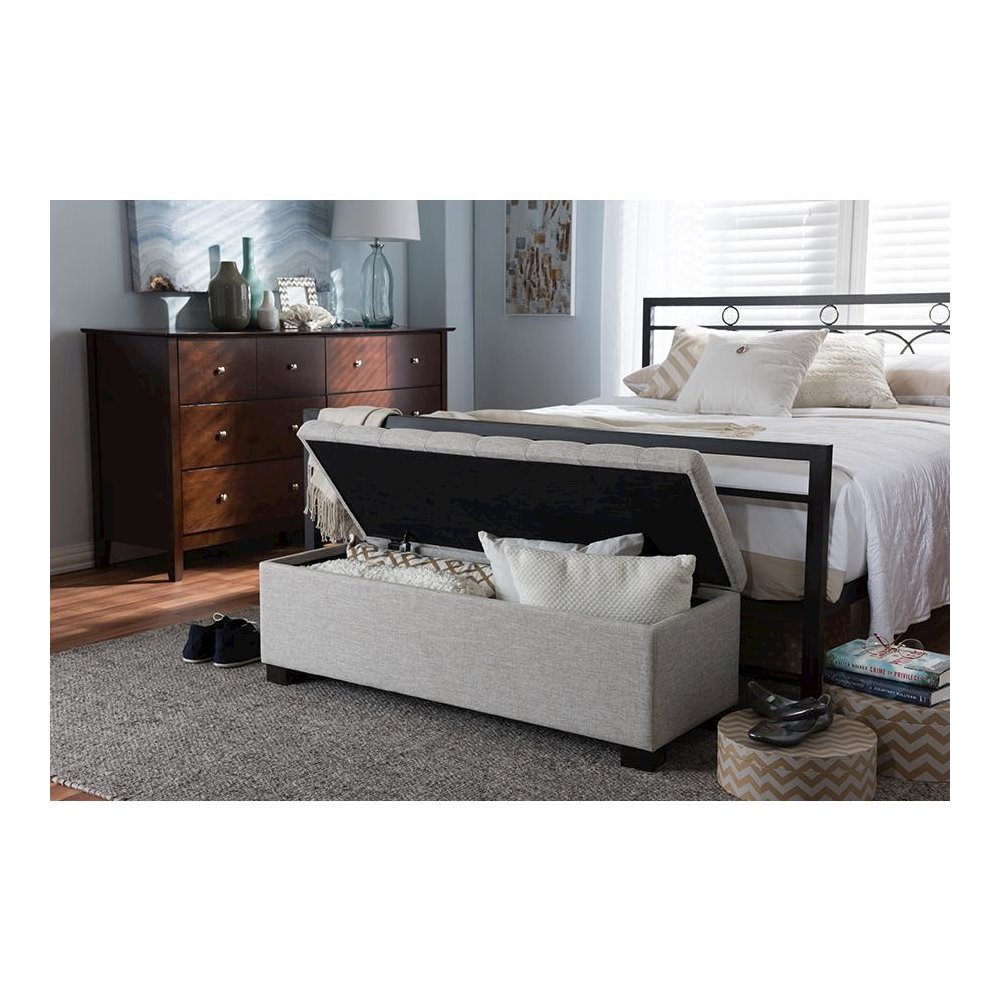 Beige Fabric Upholstered Grid-Tufting Storage Ottoman Bench. Picture 9