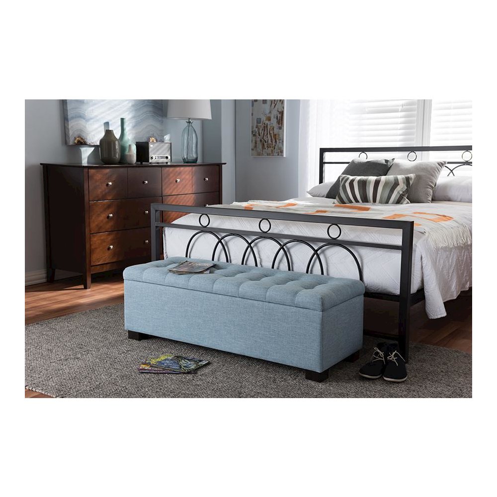 Light Blue Fabric Upholstered Grid-Tufting Storage Ottoman Bench. Picture 8