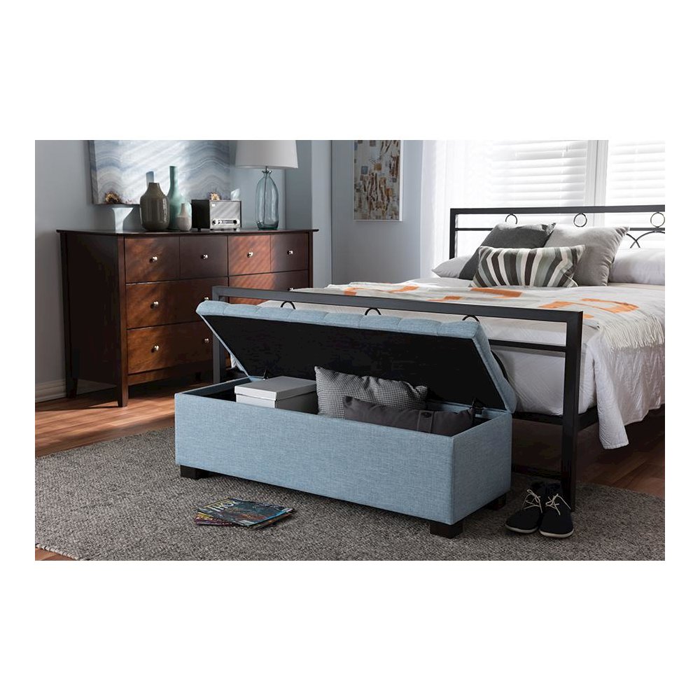 Light Blue Fabric Upholstered Grid-Tufting Storage Ottoman Bench. Picture 9