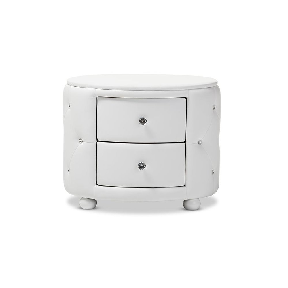 Glamour Style Oval 2-drawer White Faux Leather Upholstered Nightstand. Picture 6