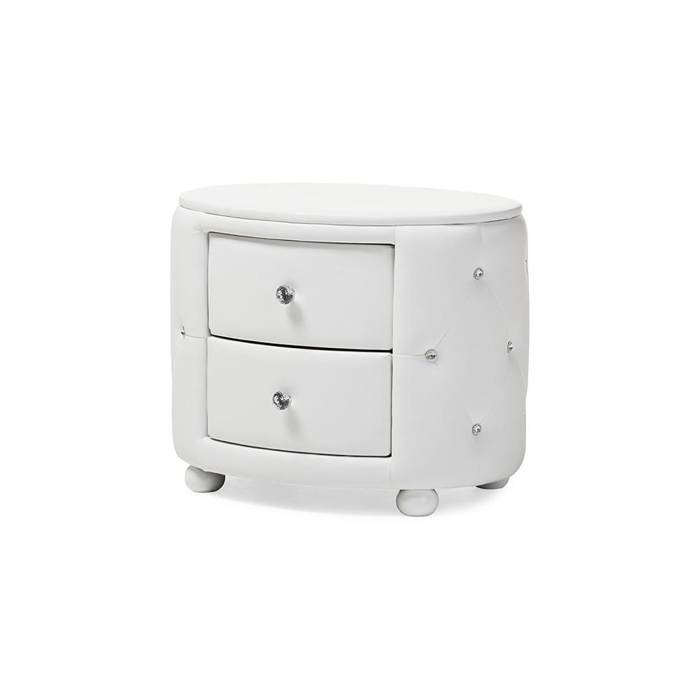 Glamour Style Oval 2-drawer White Faux Leather Upholstered Nightstand. Picture 1