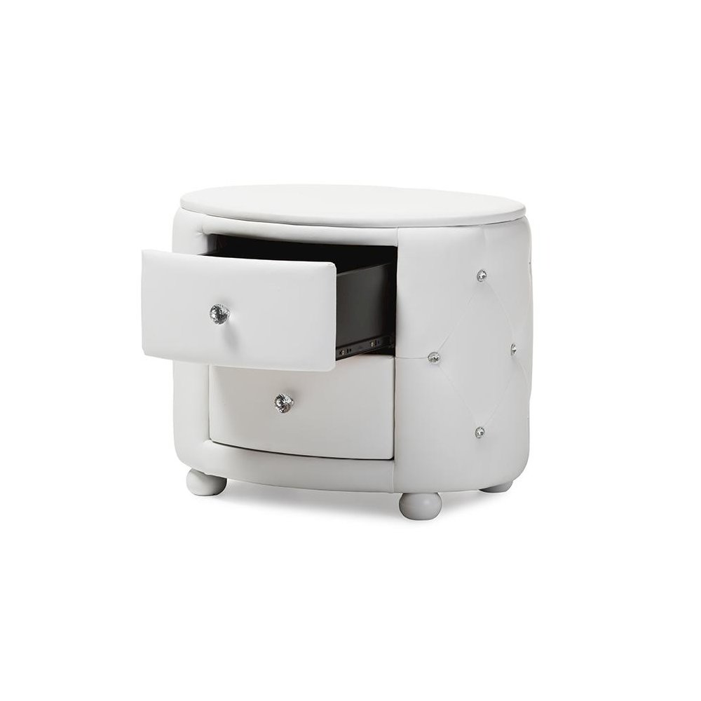 Glamour Style Oval 2-drawer White Faux Leather Upholstered Nightstand. Picture 2