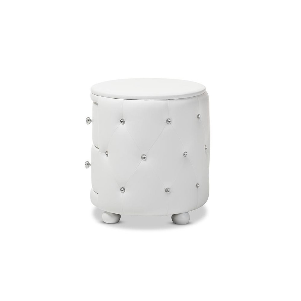 Glamour Style Oval 2-drawer White Faux Leather Upholstered Nightstand. Picture 3