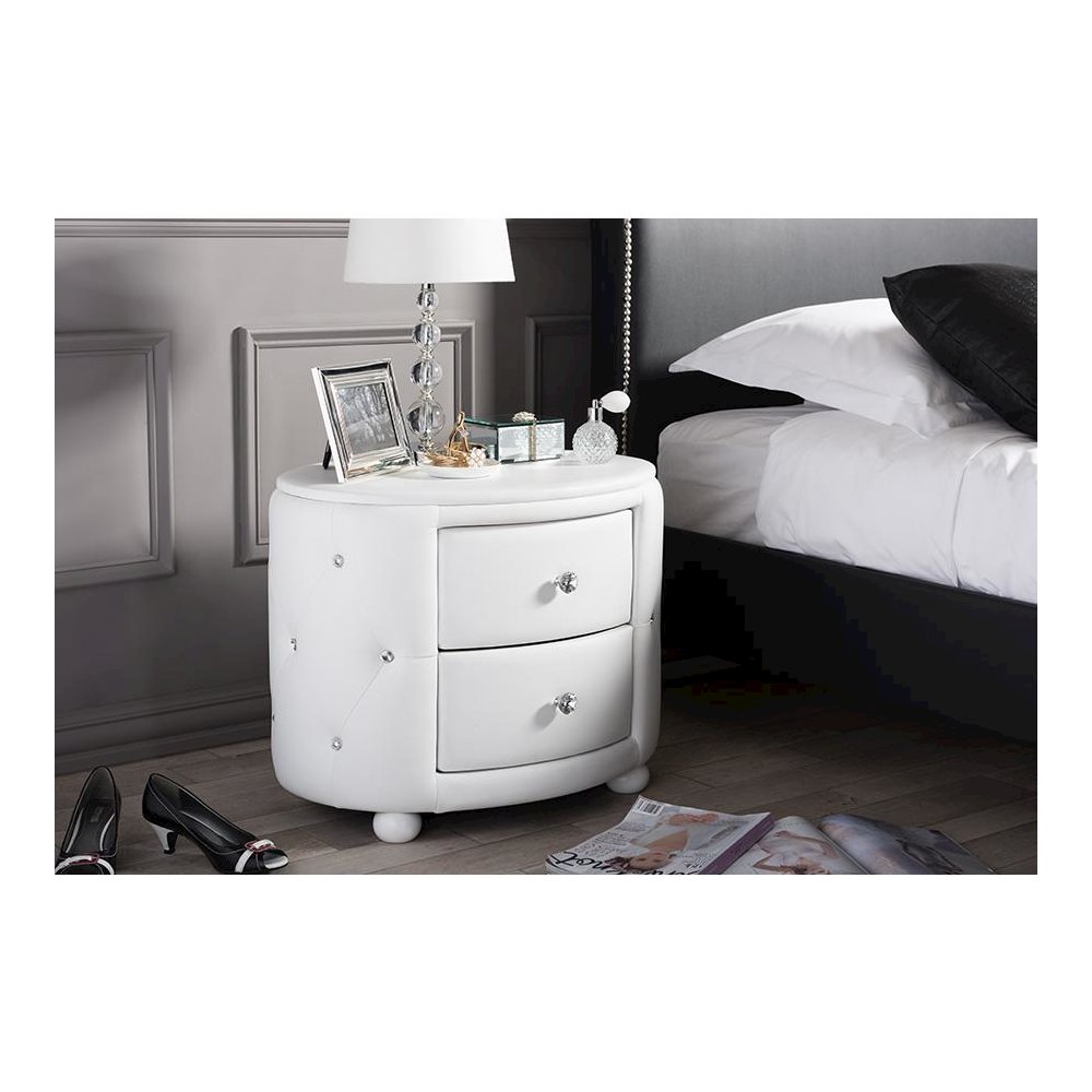 Glamour Style Oval 2-drawer White Faux Leather Upholstered Nightstand. Picture 5
