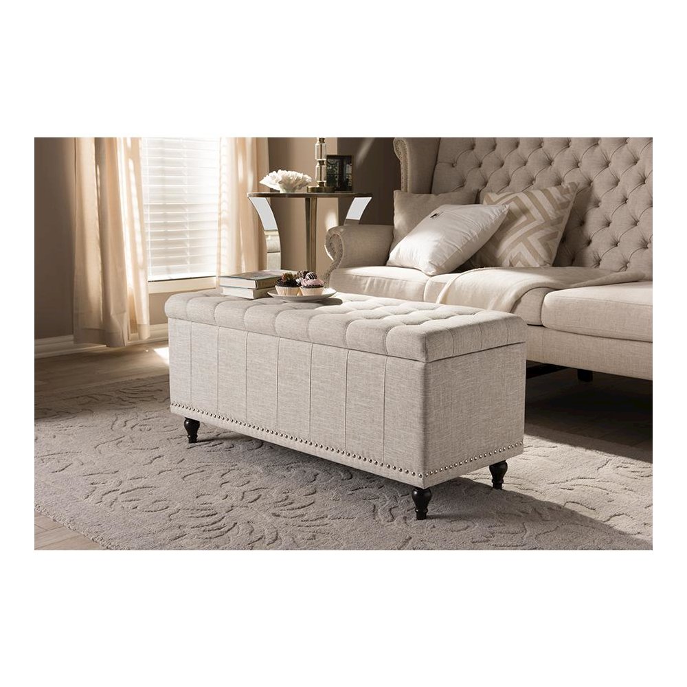 Classic Beige Fabric Upholstered Button-Tufting Storage Ottoman Bench. Picture 8