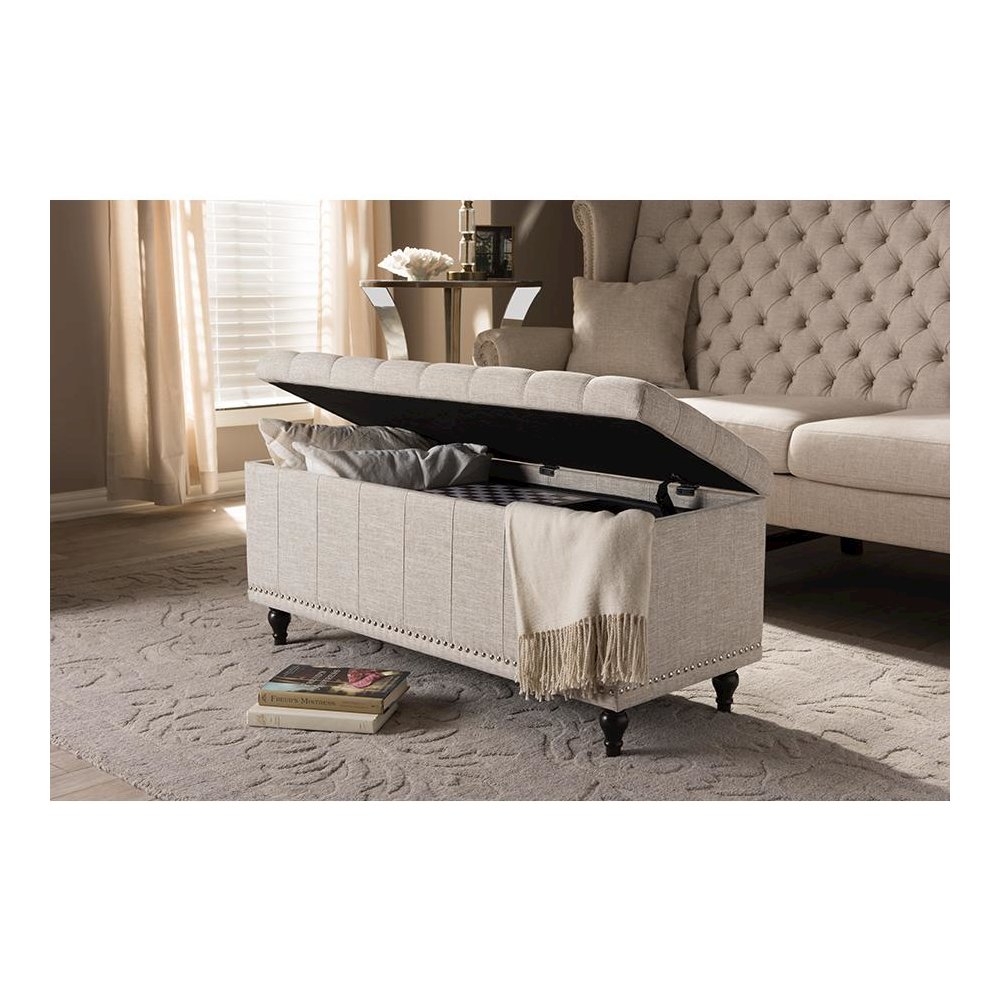 Classic Beige Fabric Upholstered Button-Tufting Storage Ottoman Bench. Picture 9