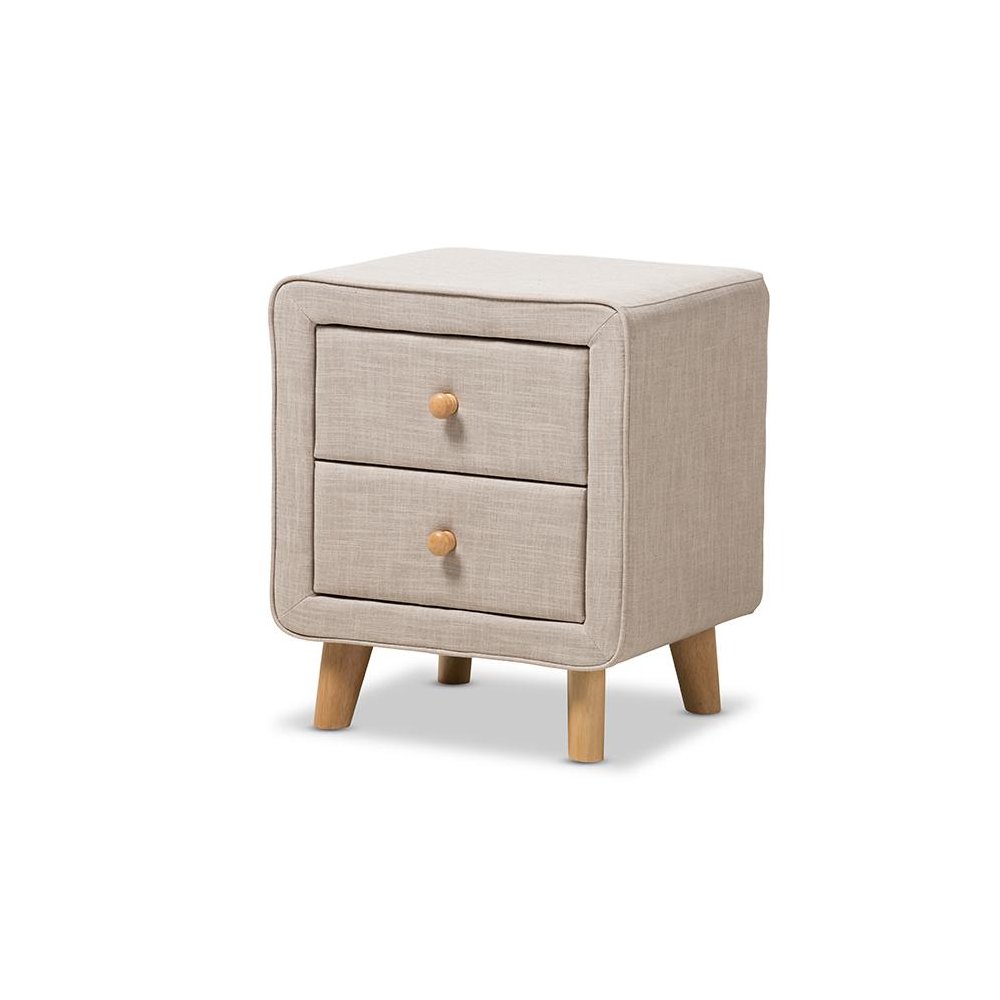 Baxton Studio Jonesy Mid-Century Beige Linen Upholstered 2-Drawer Nightstand. Picture 1
