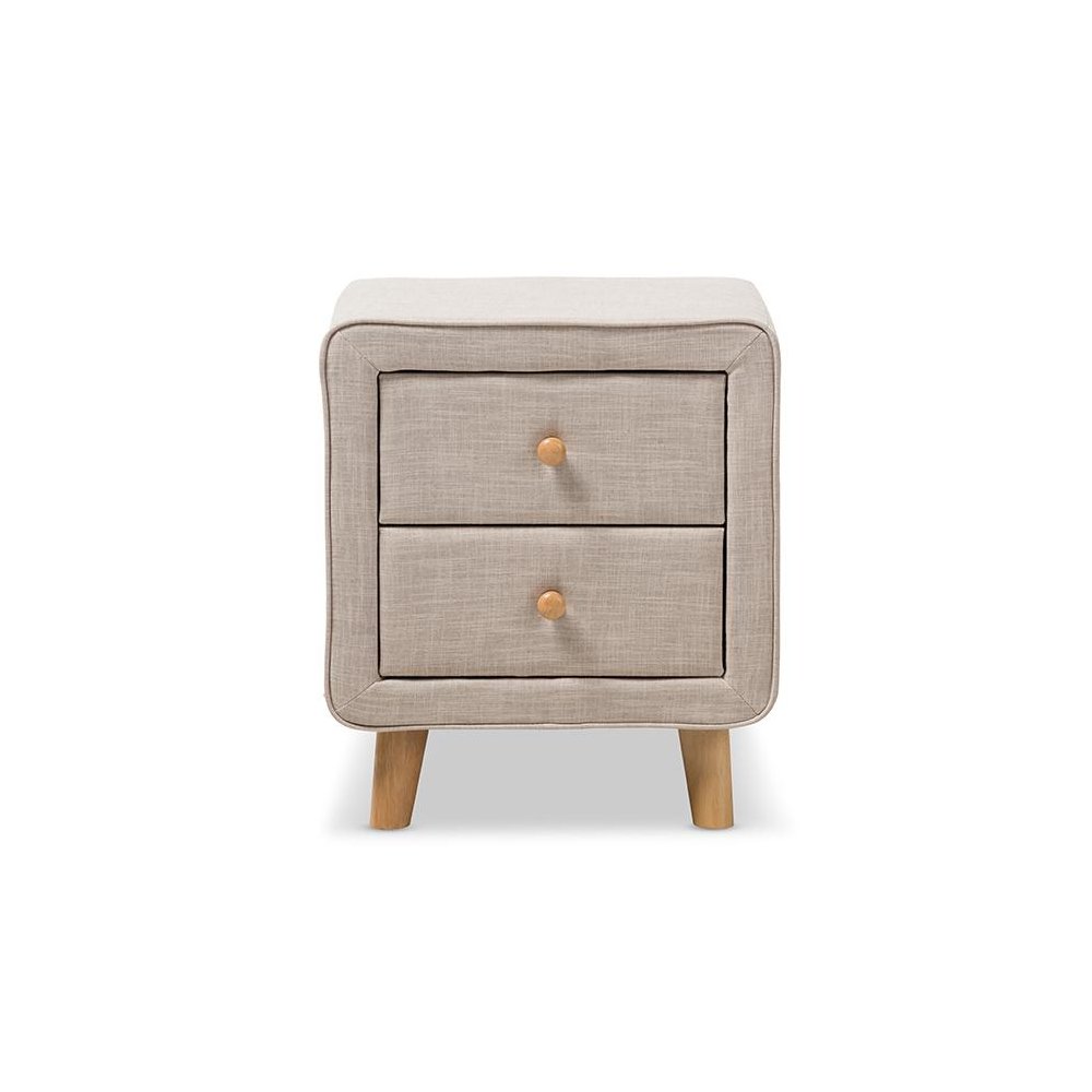 Baxton Studio Jonesy Mid-Century Beige Linen Upholstered 2-Drawer Nightstand. Picture 2