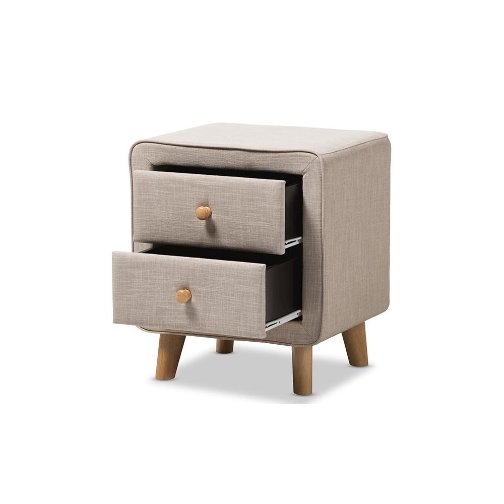 Baxton Studio Jonesy Mid-Century Beige Linen Upholstered 2-Drawer Nightstand. Picture 4