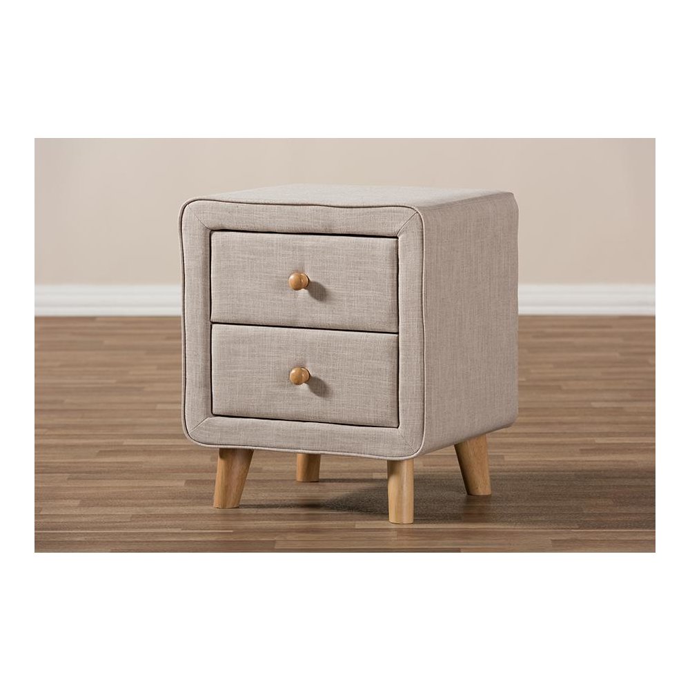 Baxton Studio Jonesy Mid-Century Beige Linen Upholstered 2-Drawer Nightstand. Picture 8
