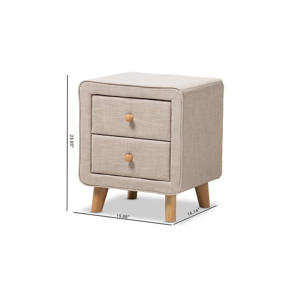 Baxton Studio Jonesy Mid-Century Beige Linen Upholstered 2-Drawer Nightstand. Picture 9