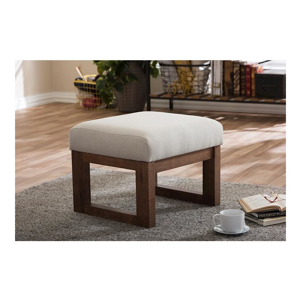 Yashiya Mid-century Retro Modern Light Beige Fabric Upholstered Ottoman Stool. Picture 3