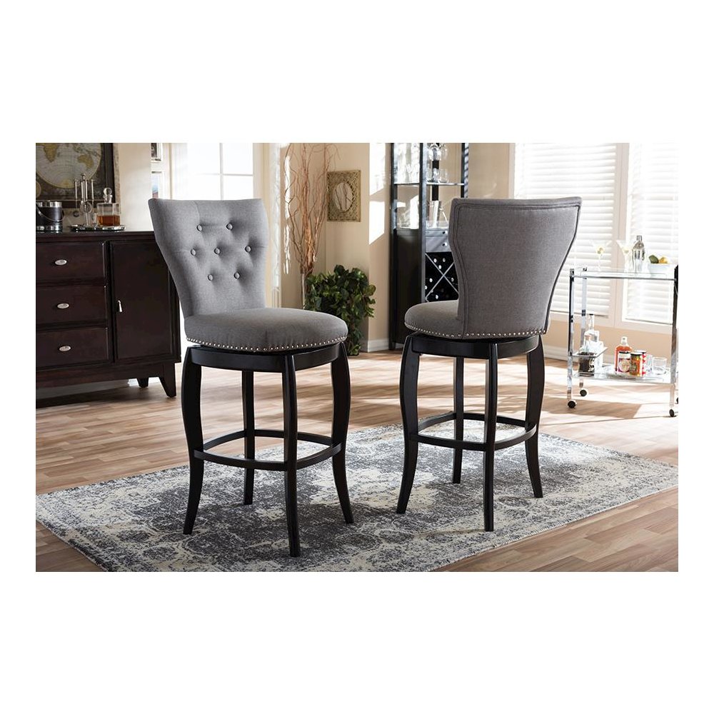 Grey Fabric Upholstered Button-tufted 29-Inch 2-Piece Swivel Bar Stool Set. Picture 4