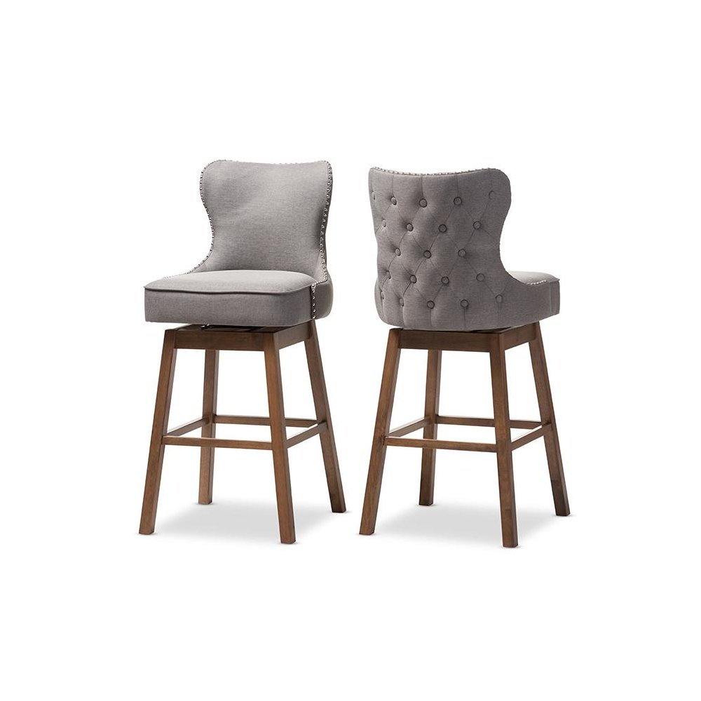 Grey Fabric Button-Tufted Upholstered 2-Piece Swivel Barstool Set. Picture 1