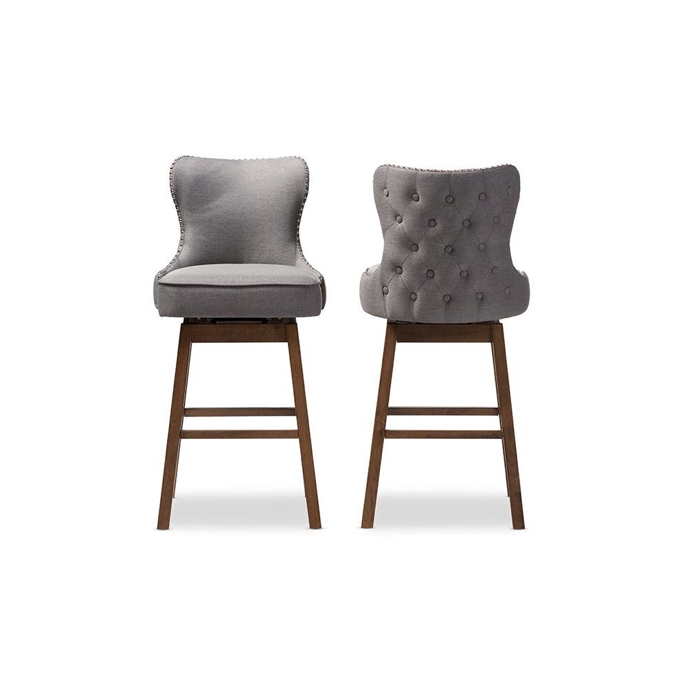 Grey Fabric Button-Tufted Upholstered 2-Piece Swivel Barstool Set. Picture 2
