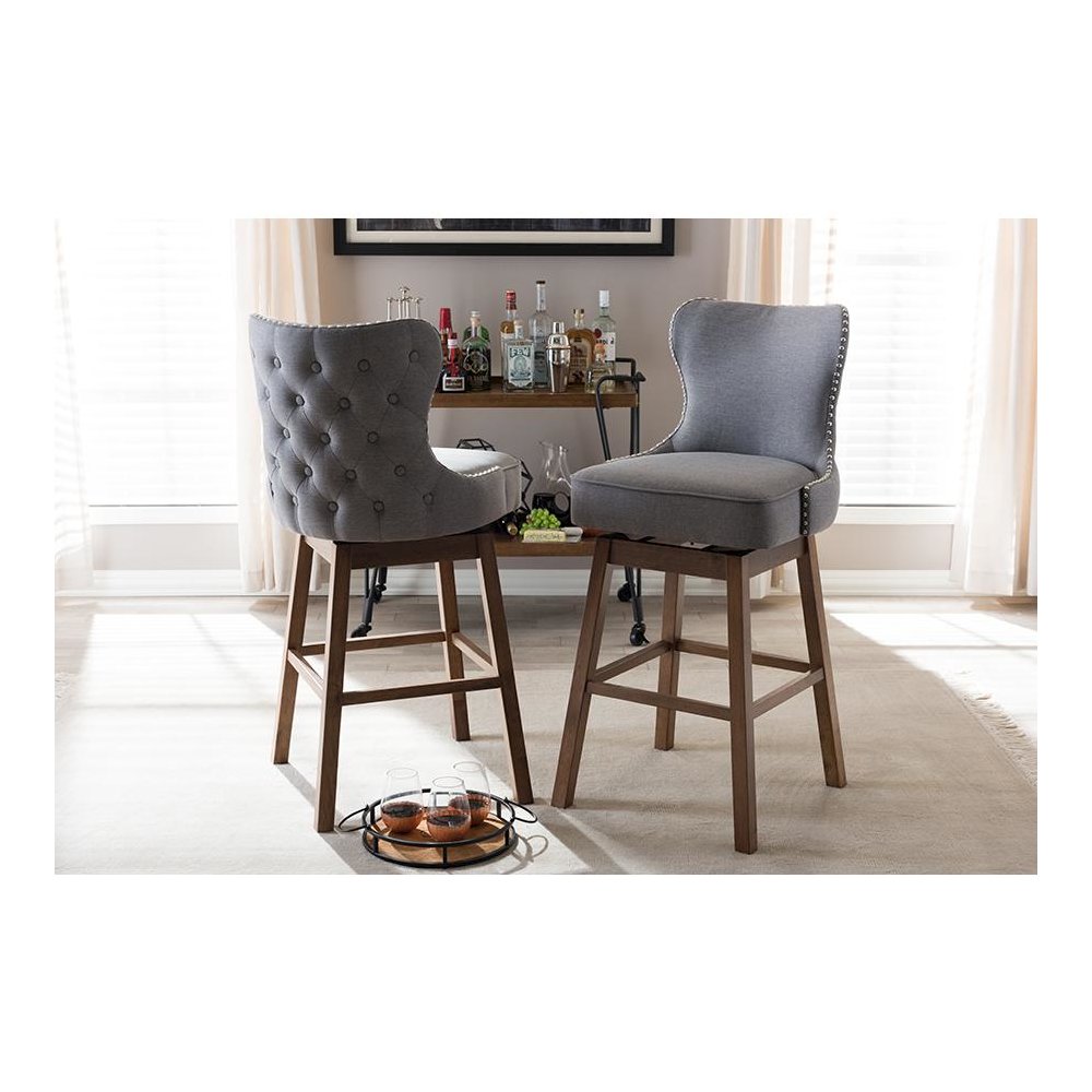 Grey Fabric Button-Tufted Upholstered 2-Piece Swivel Barstool Set. Picture 7