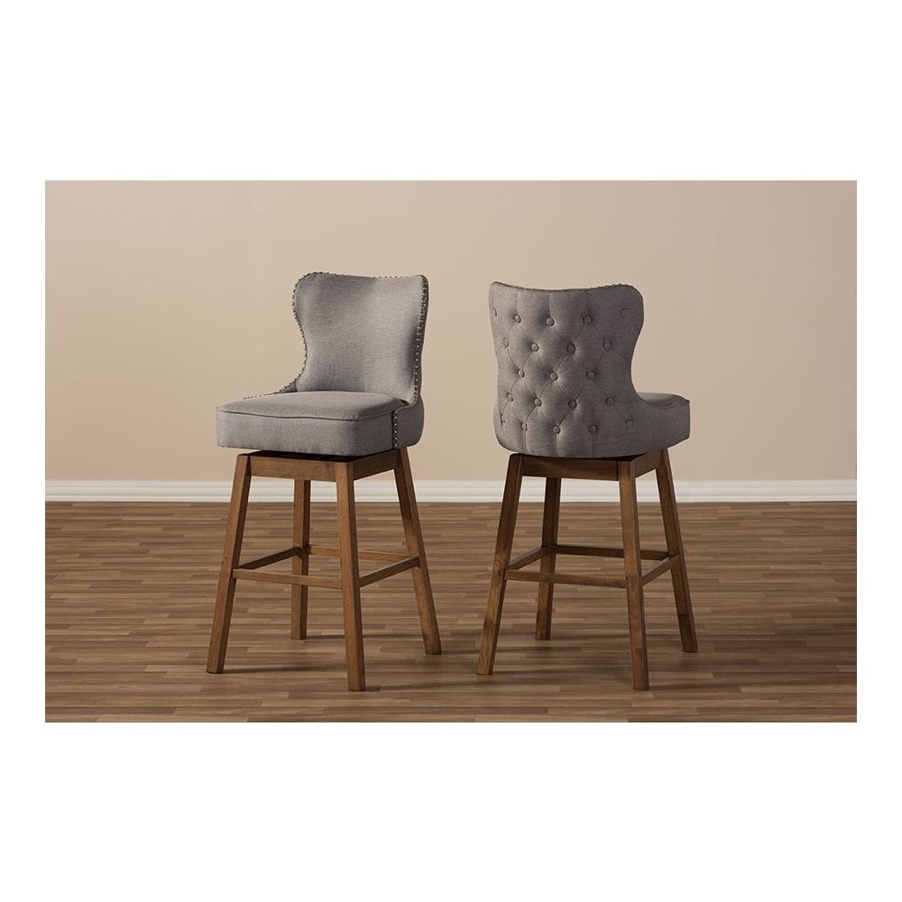 Grey Fabric Button-Tufted Upholstered 2-Piece Swivel Barstool Set. Picture 8