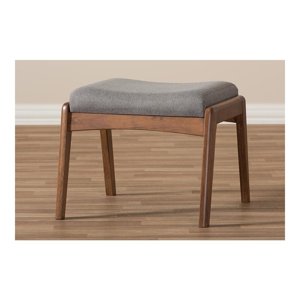 Walnut Wood Finishing and Grey Fabric Upholstered Ottoman. Picture 5