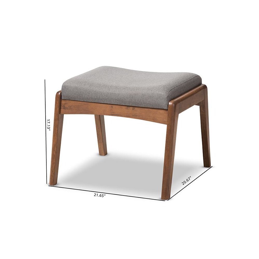 Walnut Wood Finishing and Grey Fabric Upholstered Ottoman. Picture 6