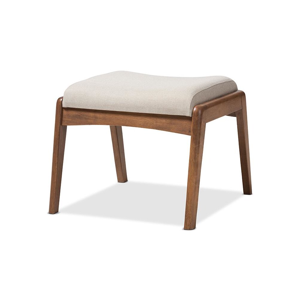 Walnut Wood Finishing and Light Beige Fabric Upholstered Ottoman. Picture 1