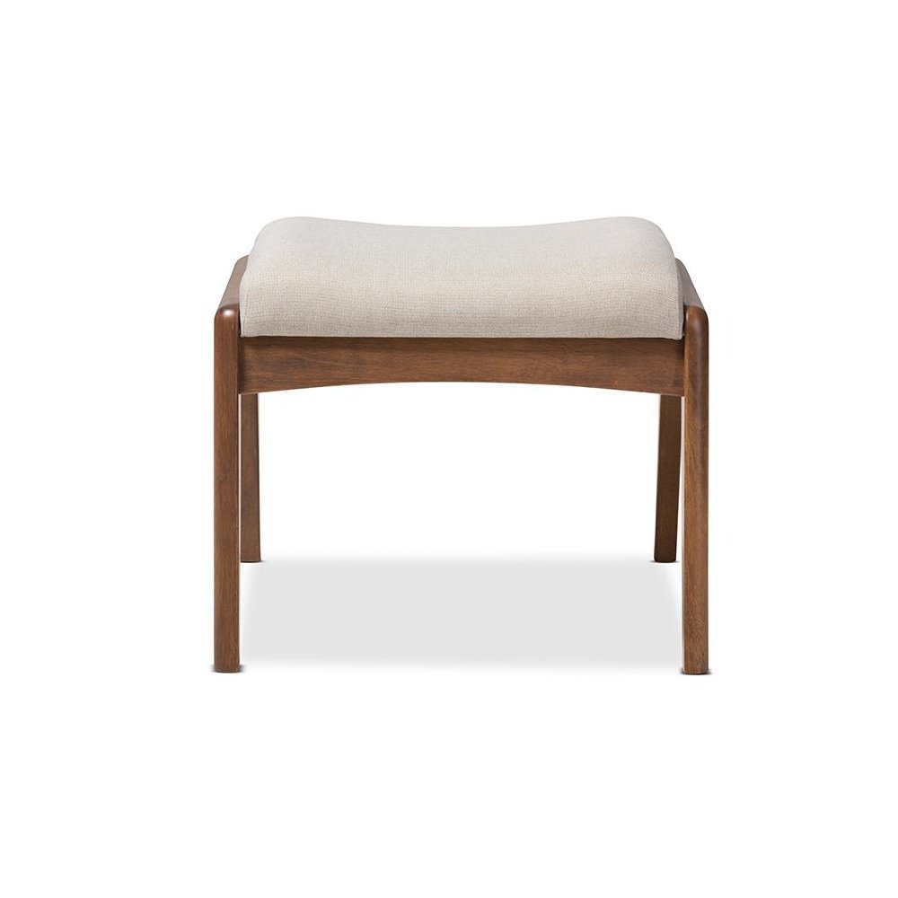 Walnut Wood Finishing and Light Beige Fabric Upholstered Ottoman. Picture 2