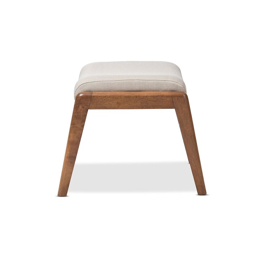 Walnut Wood Finishing and Light Beige Fabric Upholstered Ottoman. Picture 3