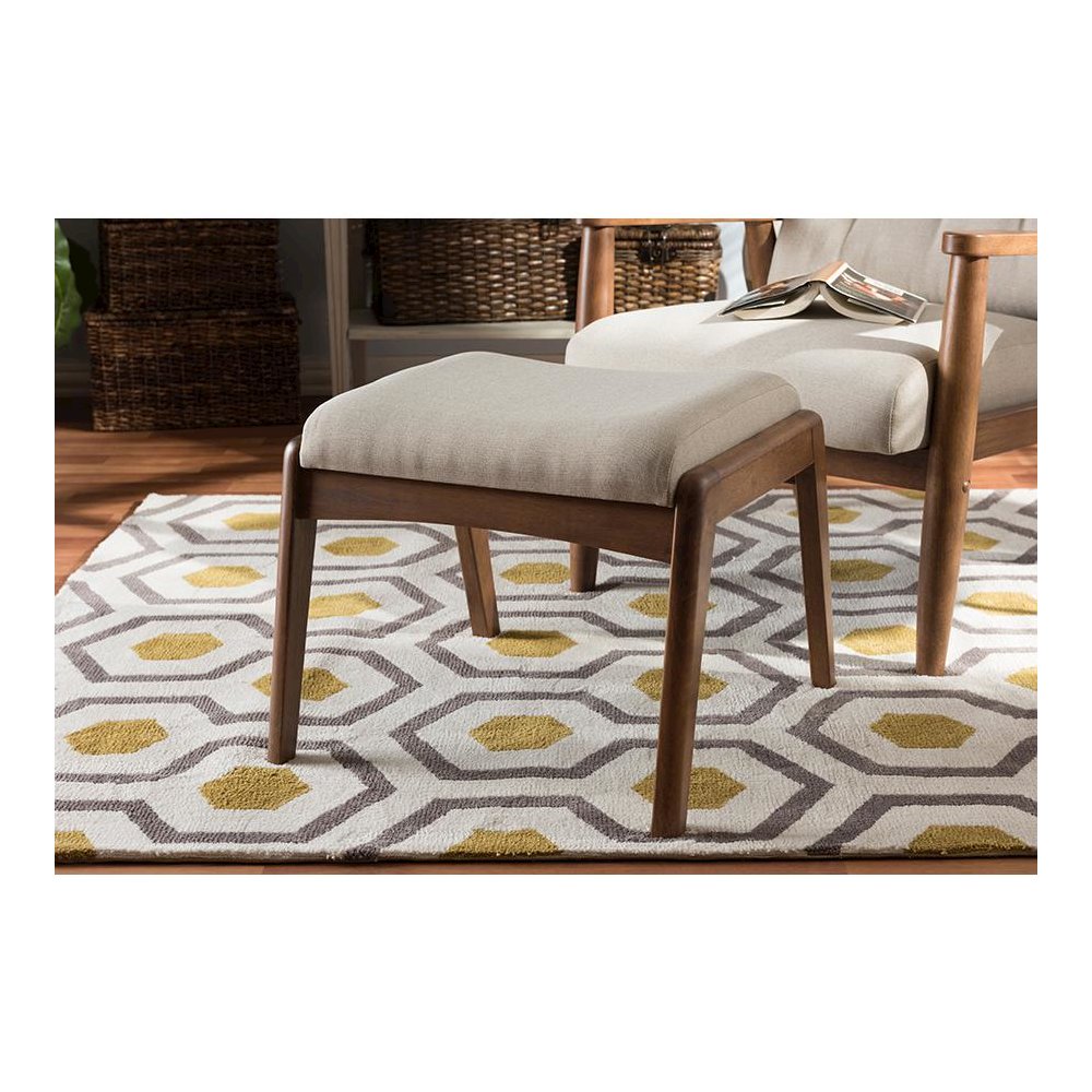 Walnut Wood Finishing and Light Beige Fabric Upholstered Ottoman. Picture 4