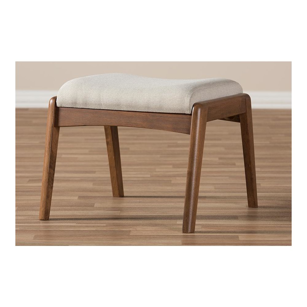 Walnut Wood Finishing and Light Beige Fabric Upholstered Ottoman. Picture 5