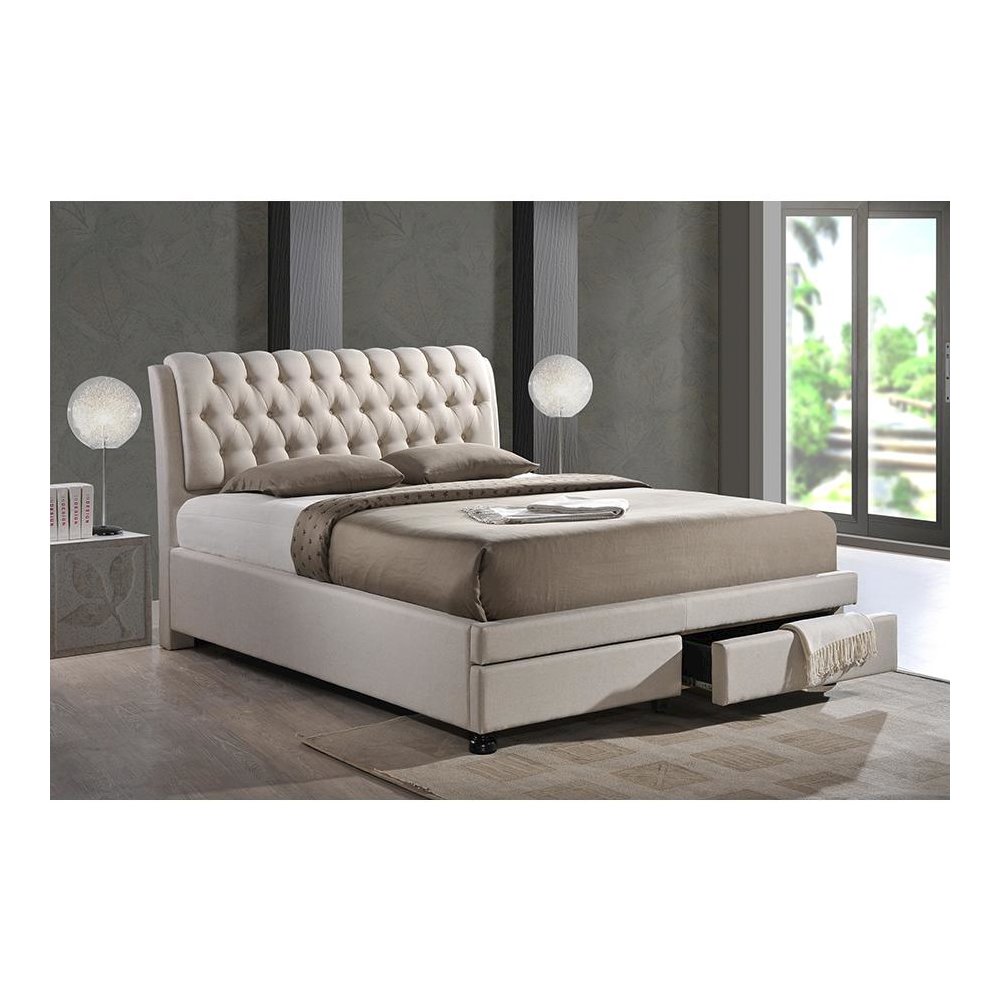 Button-Tufted Light Beige Fabric Upholstered Storage King-Size Bed with 2-drawer. Picture 4