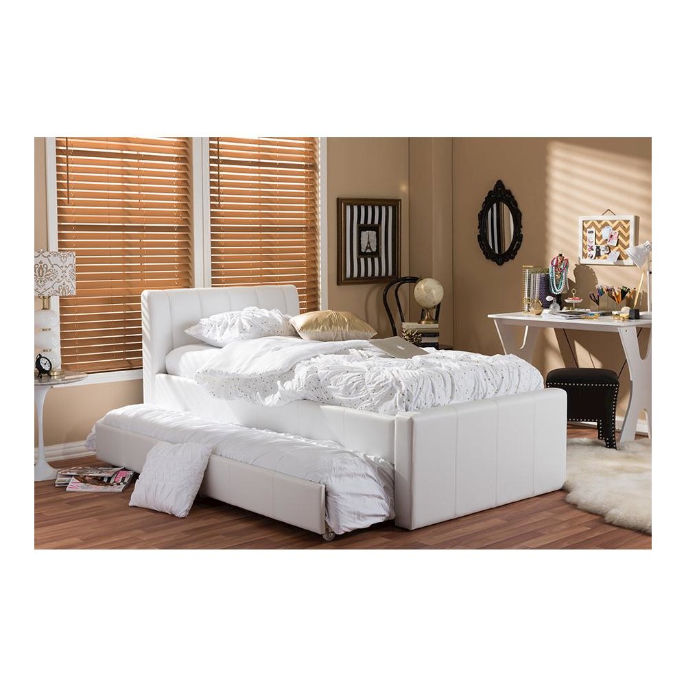 Cosmo Modern and Contemporary White Faux Leather Twin Size Trundle Bed. Picture 4