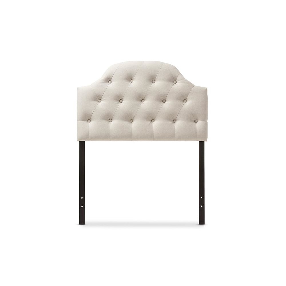 Light Beige Fabric Upholstered Button-Tufted Scalloped Twin Size Headboard. Picture 1